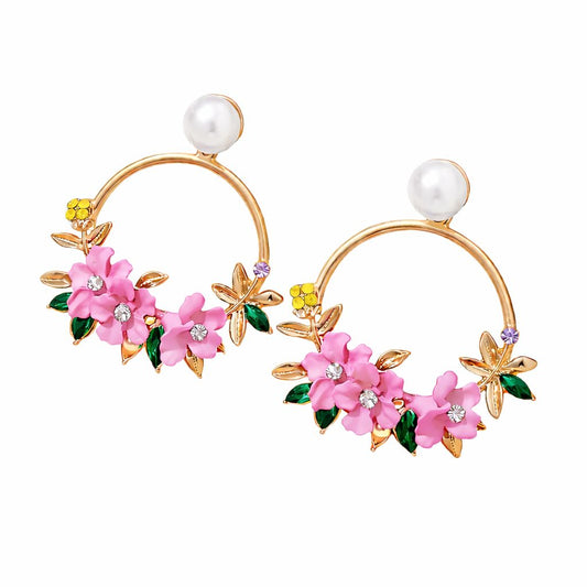 Floral Pearl Hoop Earrings for Women & Girls | Gold Plated Designer Statement Earrings | Lightweight Party Wear Jeweller