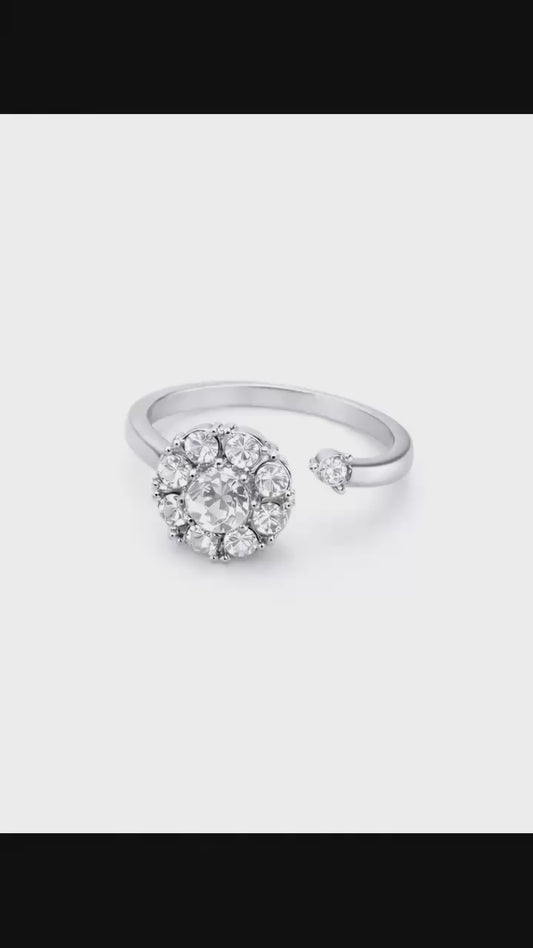 Adjustable Crystal Flower Rotating Ring for Women | Silver Plated Elegant Statement Ring